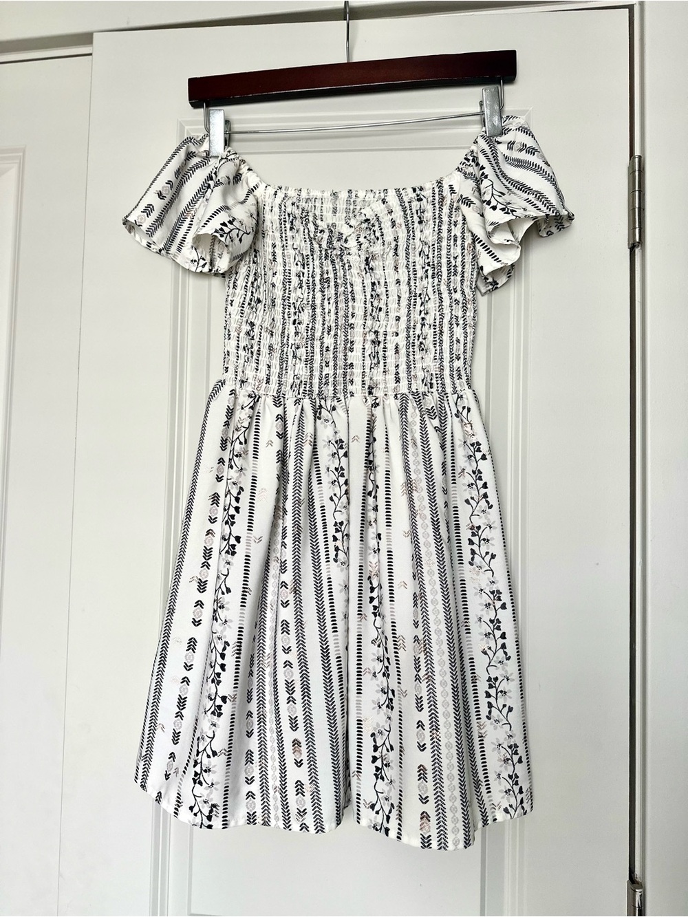 White Off-Shoulder Smocked Dress with Black Stripes